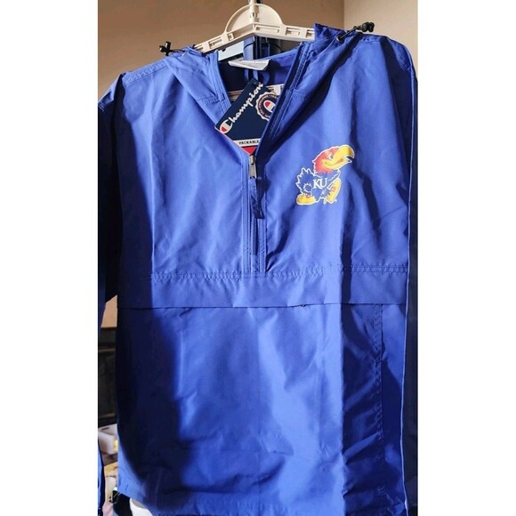 CHAMPION Men’s Stadium Hooded Windbreaker Jacket Small 1/4 Zip D25 KU Jayhawks - Picture 2 of 4